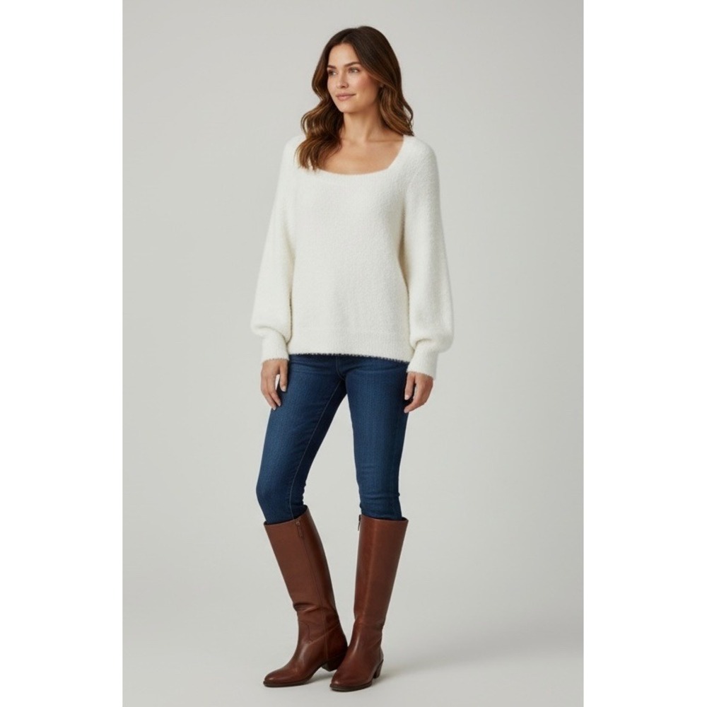 Reitman's Cream Cozy Fuzzy Square Neck Long Sleeve Sweater Large‎